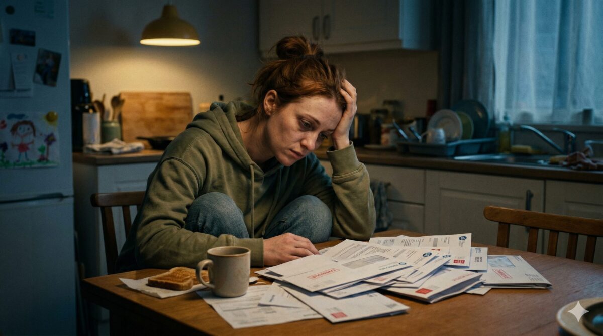Уставшая женщина сидит за столом перед неоплаченными счетами матери, переживая тяжелый семейный конфликт.