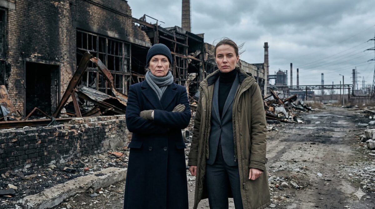 Две женщины стоят на фоне сгоревшего завода. Напряженная семейная драма и рассказ о женской силе.