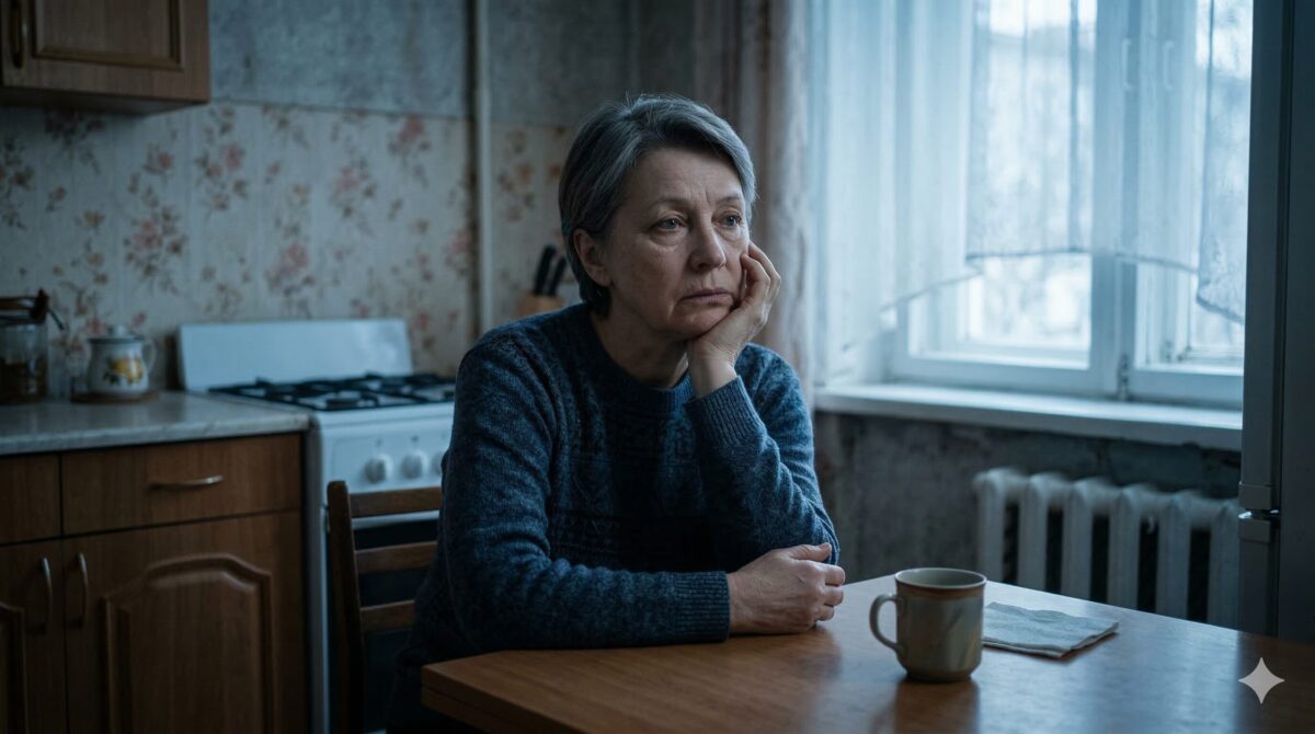 Грустная женщина сидит на кухне в одиночестве. Семейная драма о конфликте взрослого сына и матери.