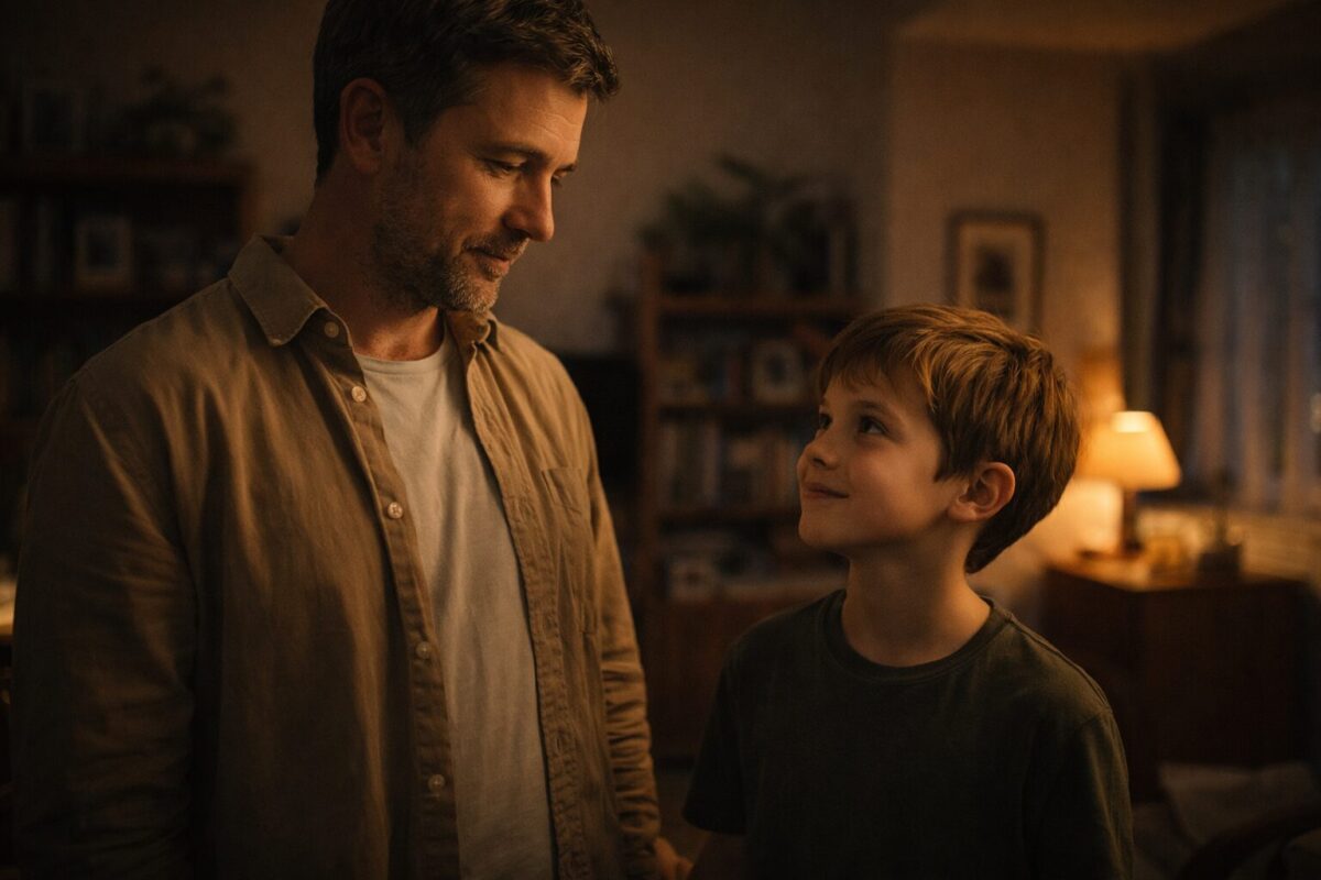 Мужчина и мальчик стоят в гостиной, обмениваются тёплым