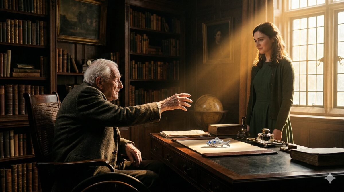 Старик в кресле тянется к девушке в луче света — семейная тайна раскрыта через старинную брошь