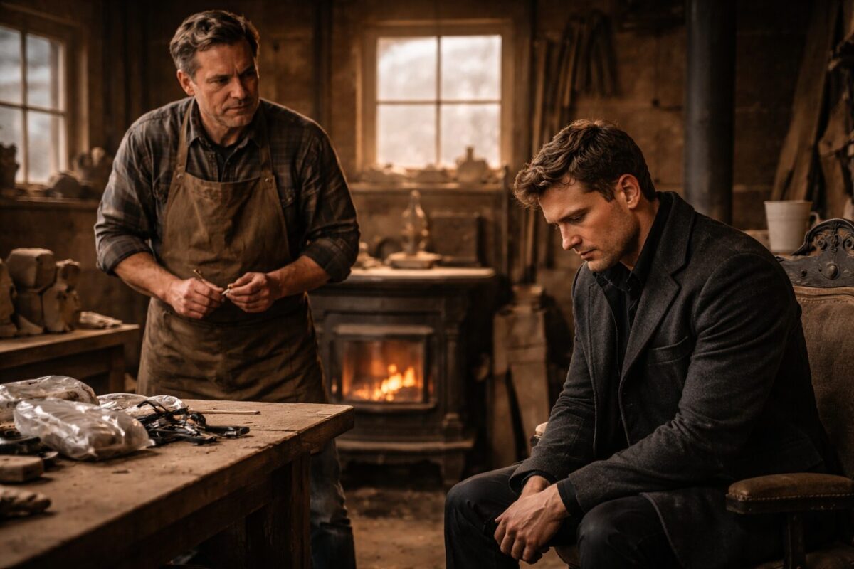 Два брата в мастерской: один делится болью, другой даёт поддержку.