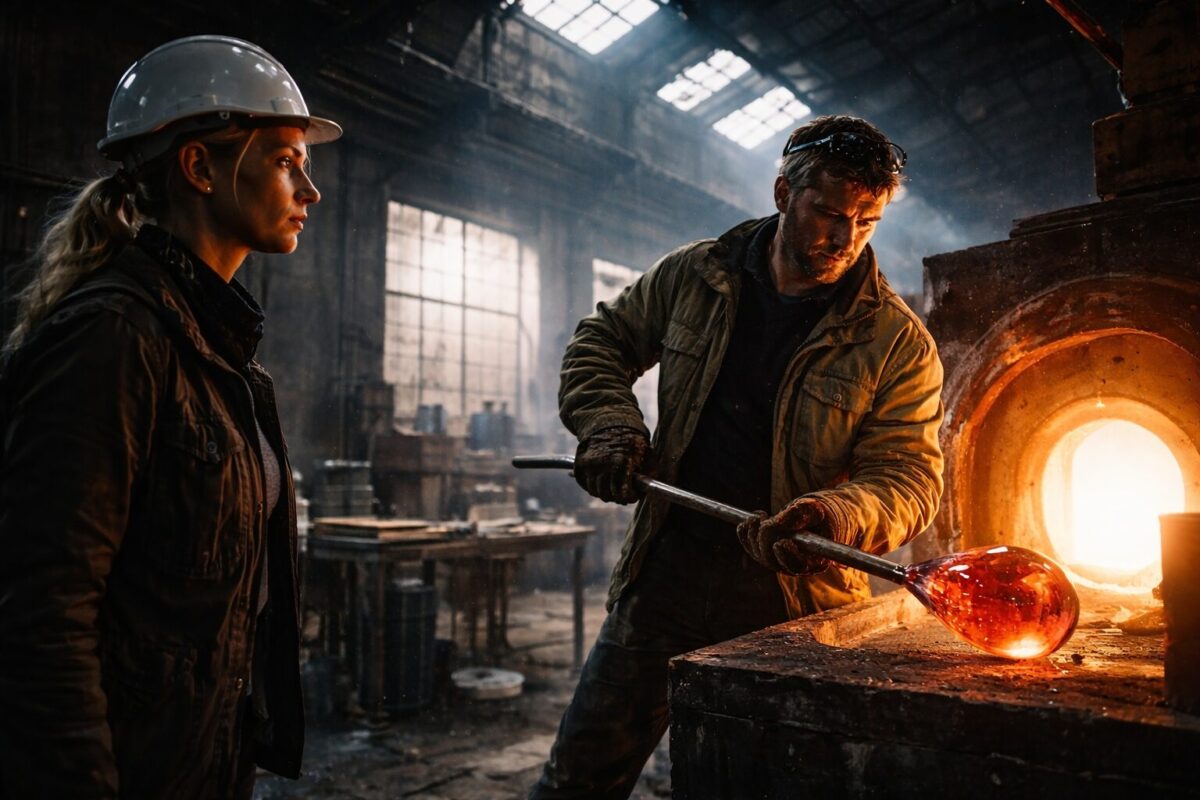 Вера и Илья в цехе мануфактуры наблюдают за процессом выплавки рубинового стекла