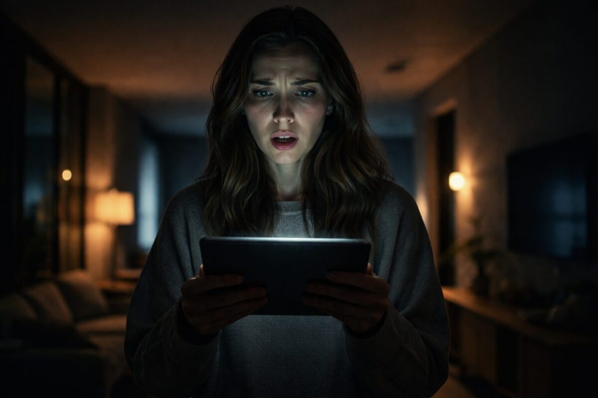 Потрясенная женщина смотрит в светящийся экран планшета в темной комнате. Остросюжетная семейная драма.