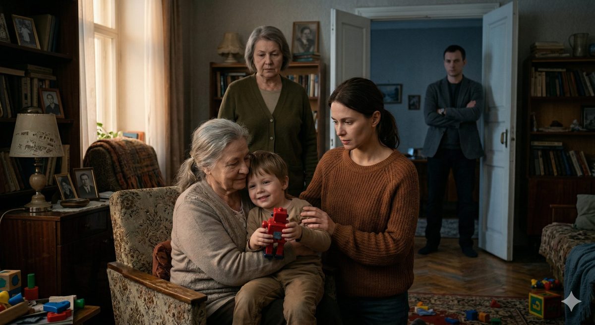 Катя и Мишка воссоединяются со свекровью Галиной Петровной в её квартире, в то время как тетя Вера и Андрей наблюдают. Эмоциональная сцена семейной драмы.