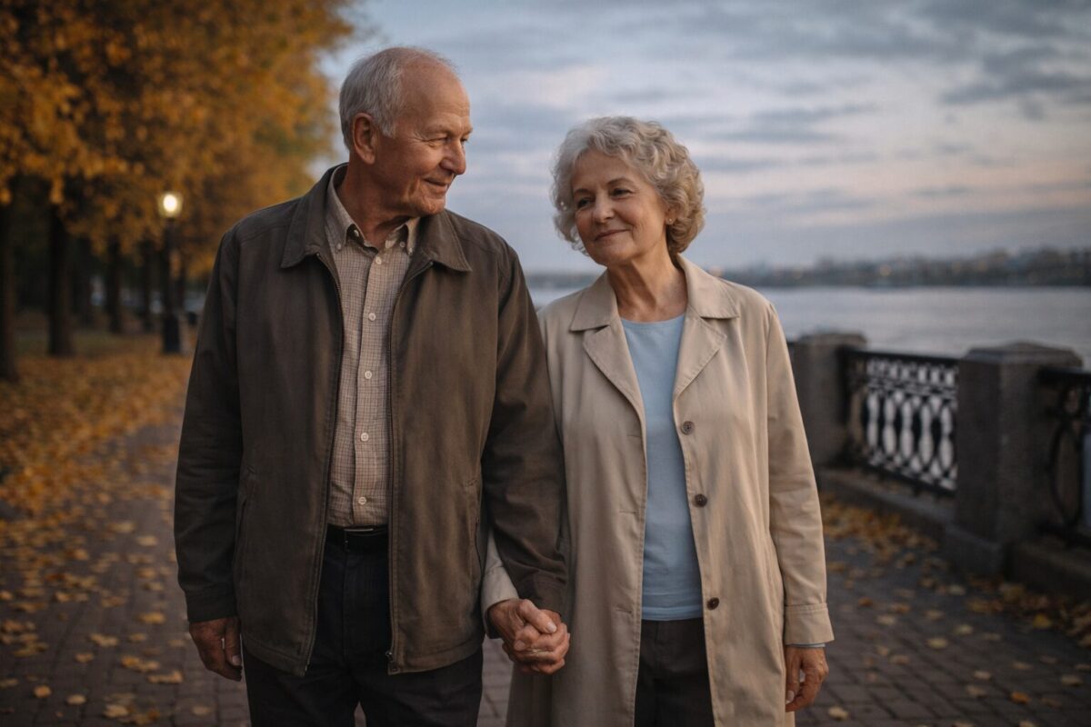 Пожилая пара идёт, держась за руки, вдоль реки