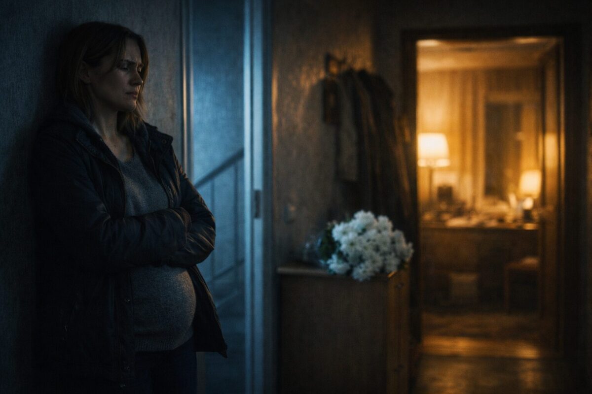 Беременная женщина в прихожей рядом с цветами, измена мужа рассказ