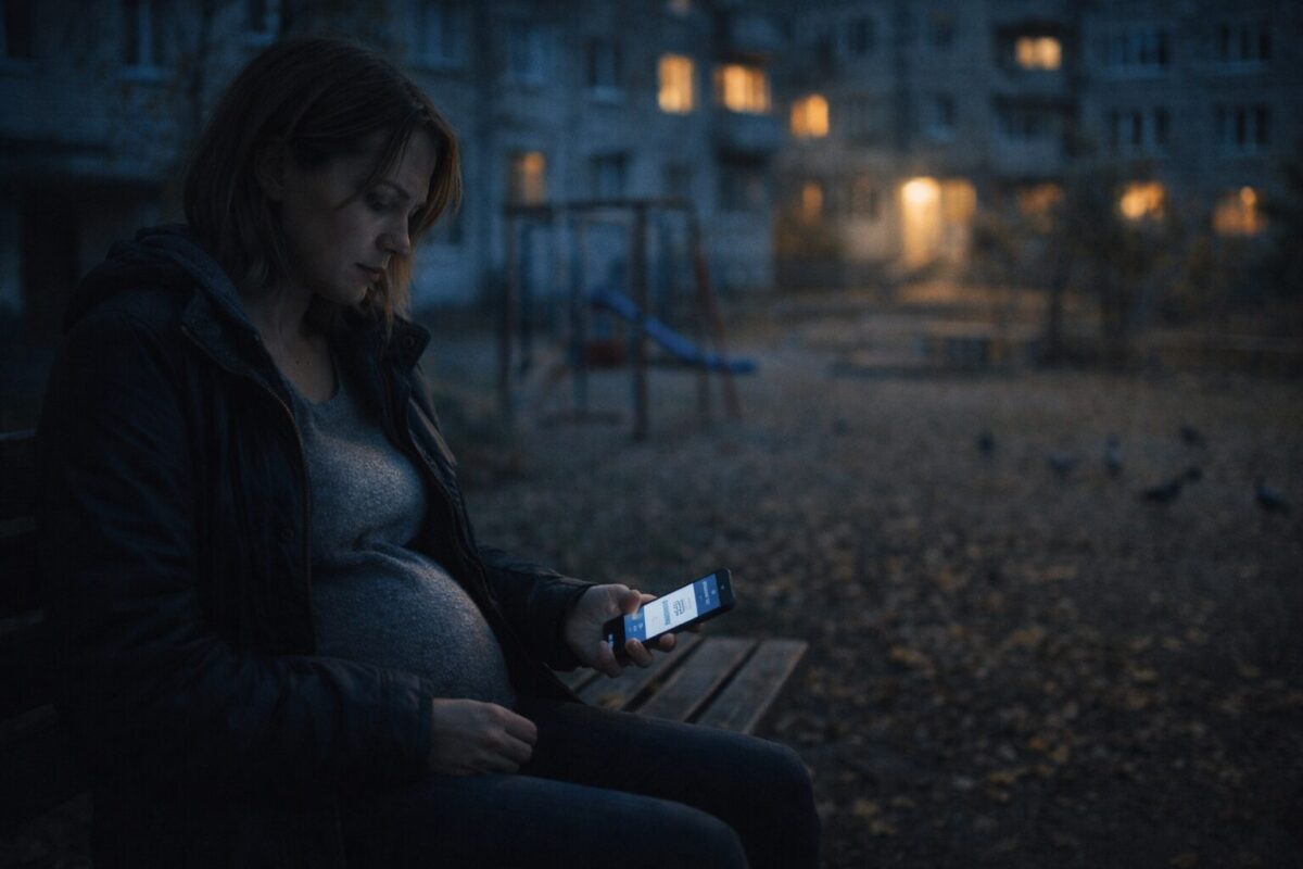 Беременная женщина на лавочке смотрит в телефон, измена мужа рассказ