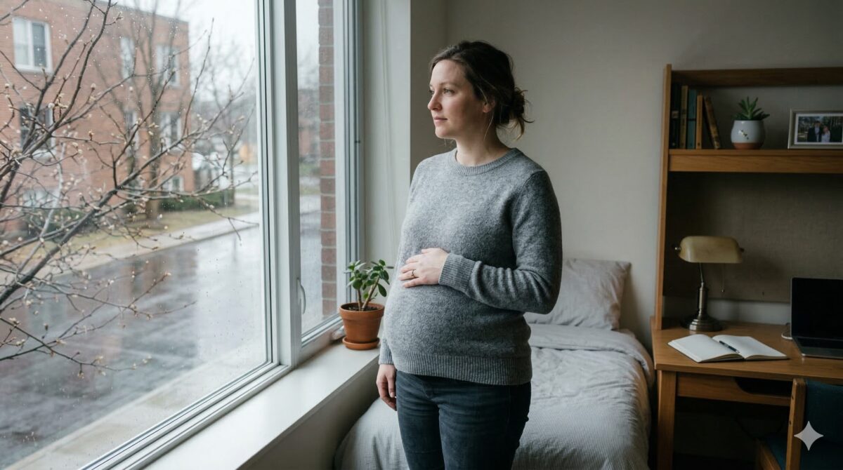 Беременная женщина у окна в маленькой комнате, сильная женщина рассказ