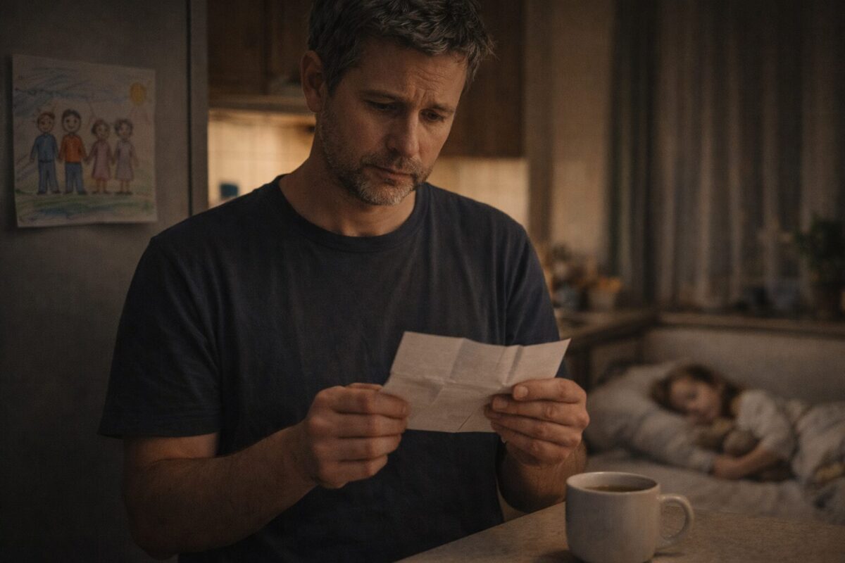 Гриша с результатом ДНК‑теста в кухне, на заднем плане спит Полинка