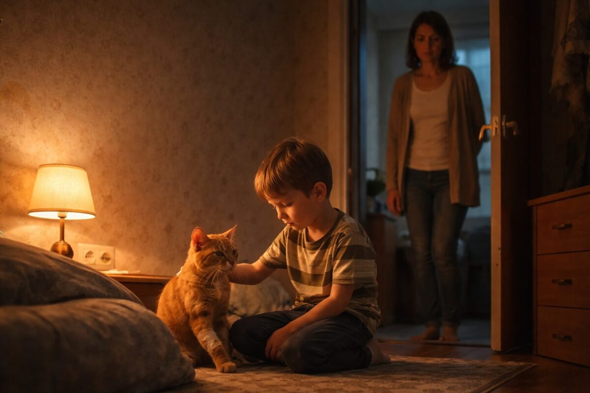 Мальчик гладит рыжего кота в новой комнате дома
