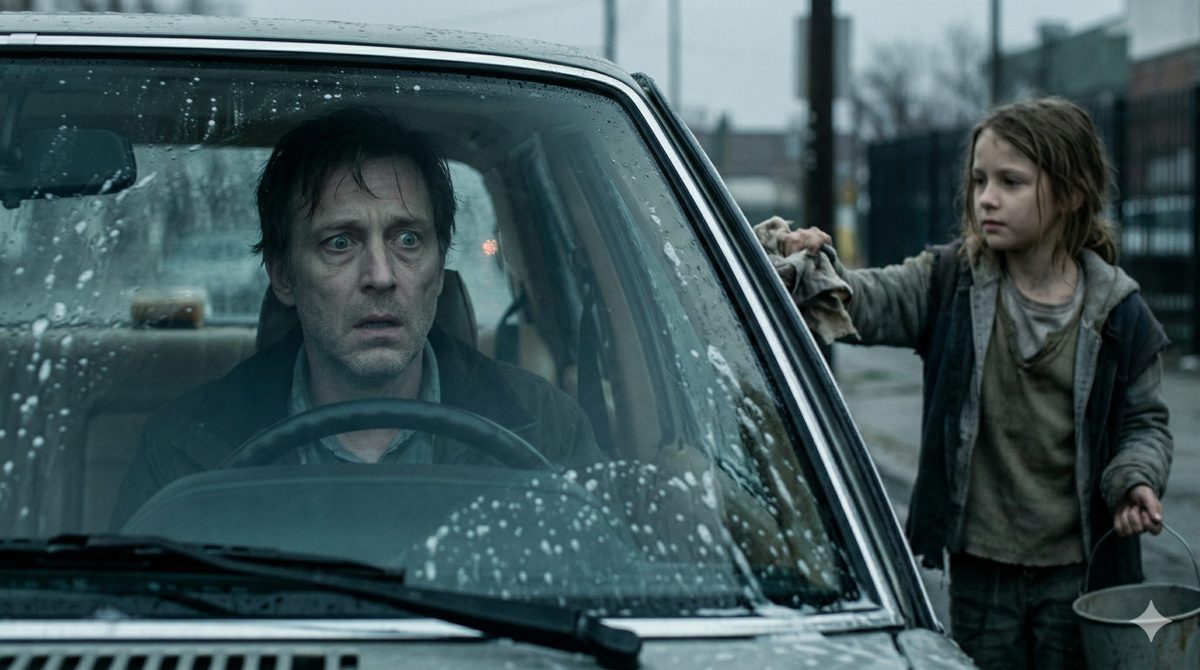 Ошеломленный мужчина в машине смотрит на девочку-мойщицу. Остросюжетная семейная драма рассказ о предательстве.