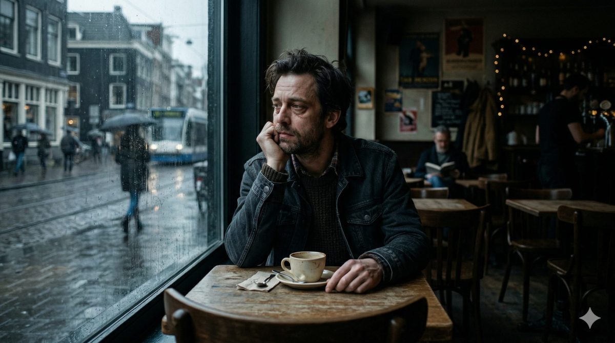 Уставший мужчина сидит один в кафе после тяжелого разговора с братом. Жизненная история о семейном конфликте.