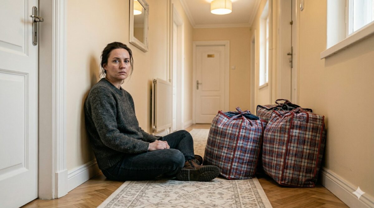 Уставшая сильная женщина сидит в коридоре рядом с собранными сумками эгоистичного мужа, семейная драма рассказ.