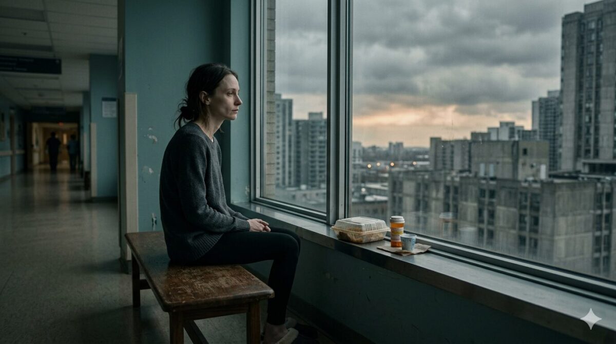 Бледная женщина у больничного окна с контейнером еды — рассказ о сильной женщине и предательстве