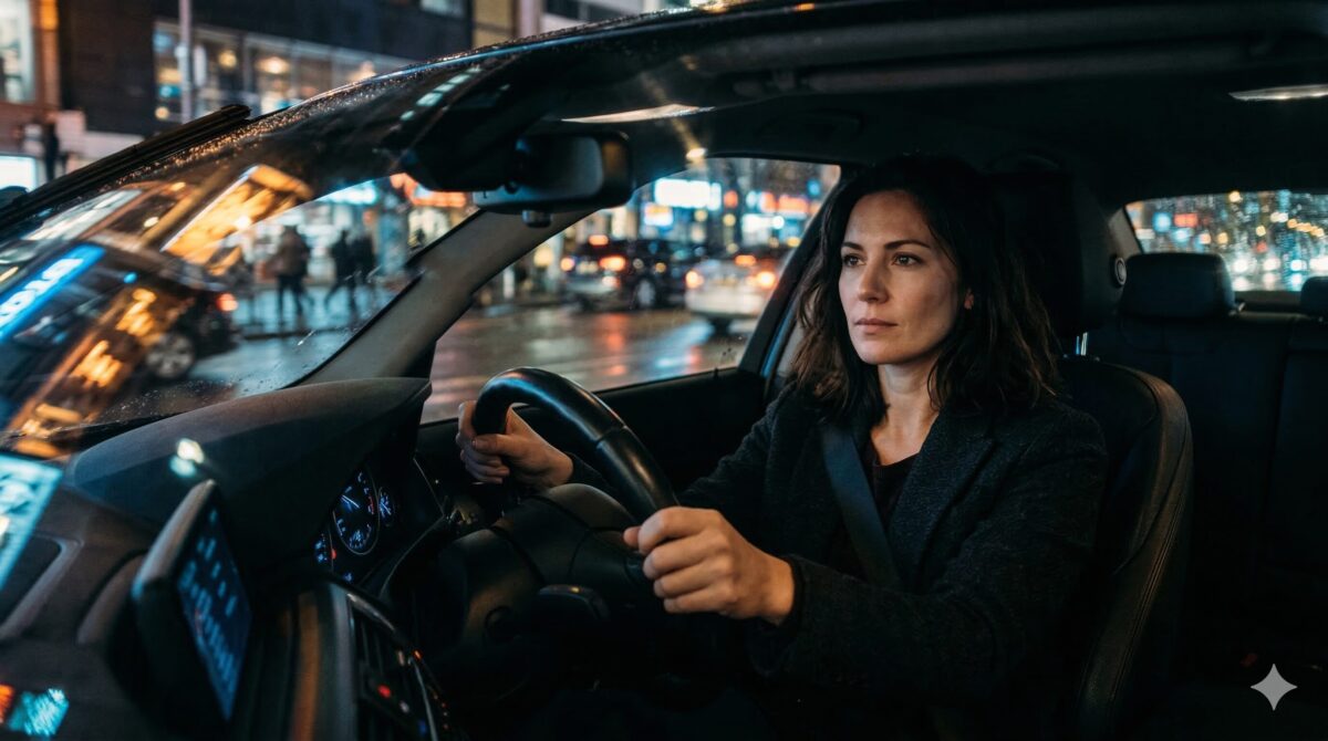 Женщина за рулём ночью с решительным взглядом — сцена из рассказа про измену мужа и разоблачение