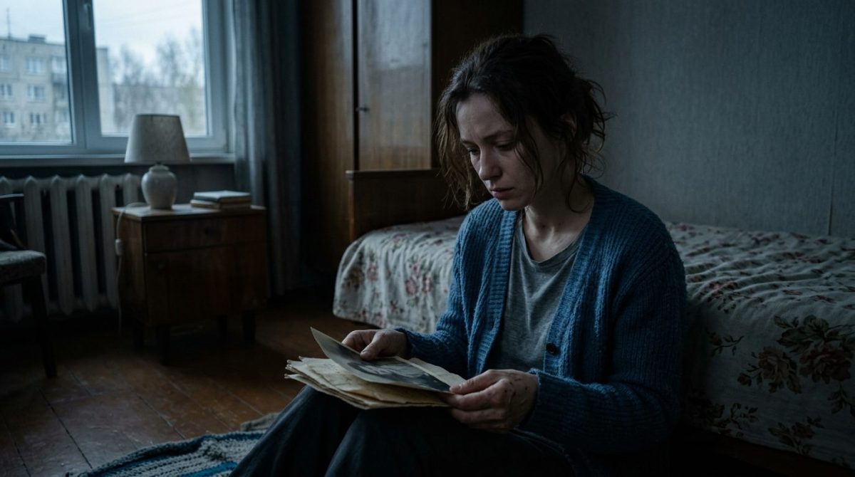 Расстроенная женщина сидит на полу со старыми документами. Семейная тайна расскажет горькую правду.