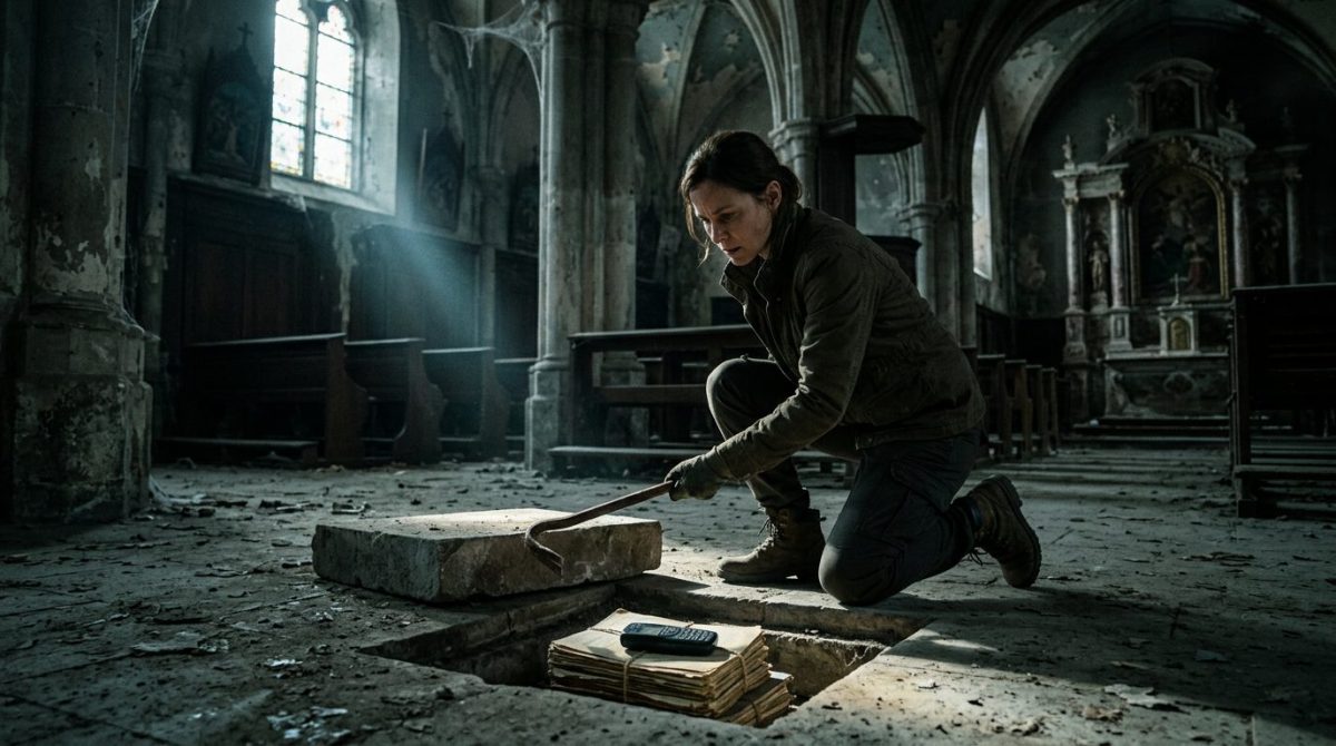 Девушка находит старый телефон и тайник в заброшенной часовне. Семейная тайна.