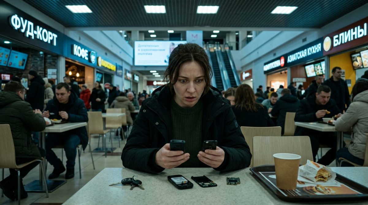 Испуганная женщина на шумном фуд-корте держит старый телефон. Эта семейная драма становится всё опаснее.