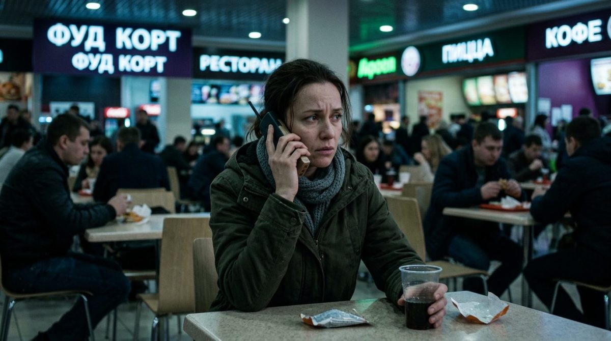 Испуганная женщина на шумном фуд-корте слушает старый телефон. Семейная тайна становится опаснее.