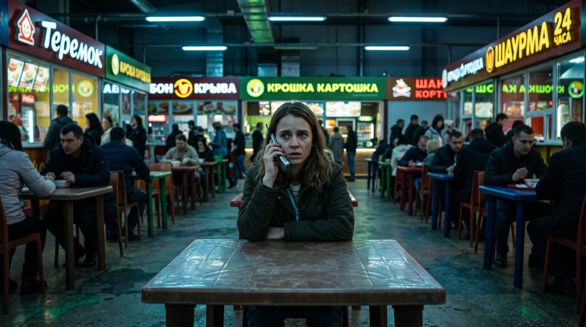 Испуганная женщина со старым телефоном на фуд-корте, пугающая семейная драма и опасная тайна.