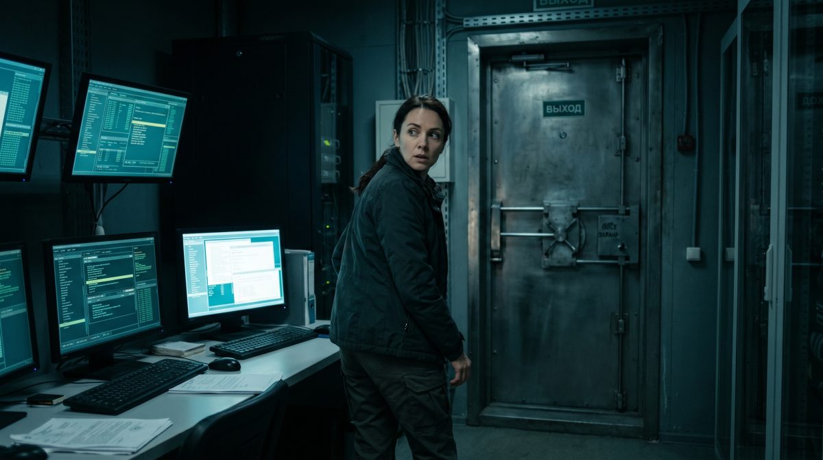 Напряженная женщина перед светящимся экраном компьютера в темной запертой комнате, опасная семейная тайна.