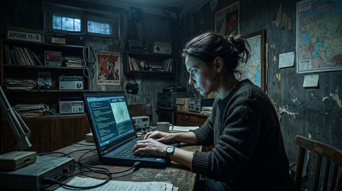 Женщина напряженно смотрит в экран ноутбука в темной комнате, где разворачивается семейная драма.