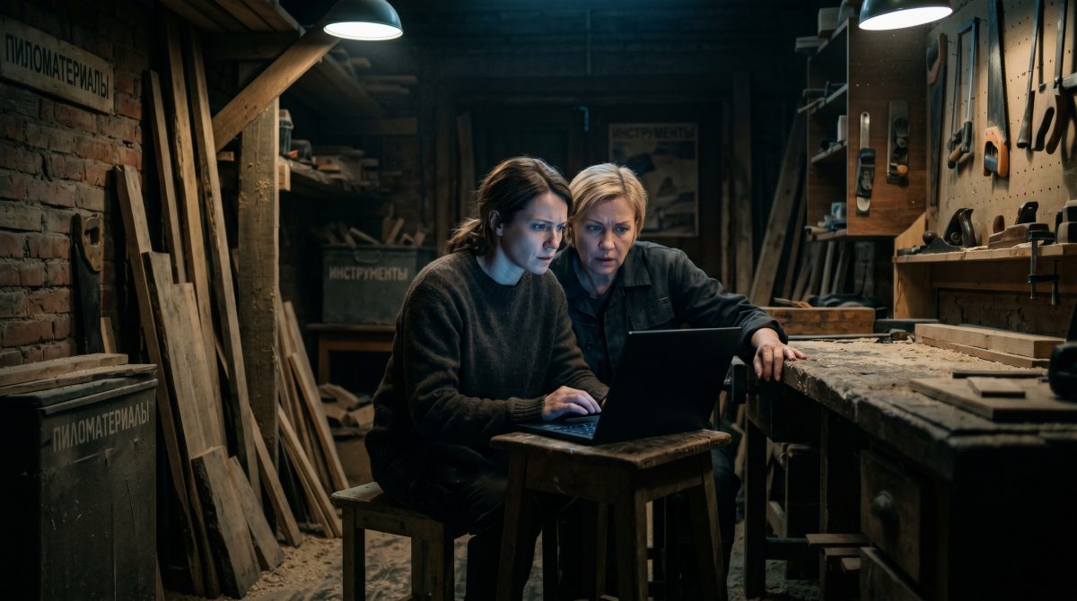 Две женщины напряженно смотрят в экран ноутбука в темной столярной мастерской.