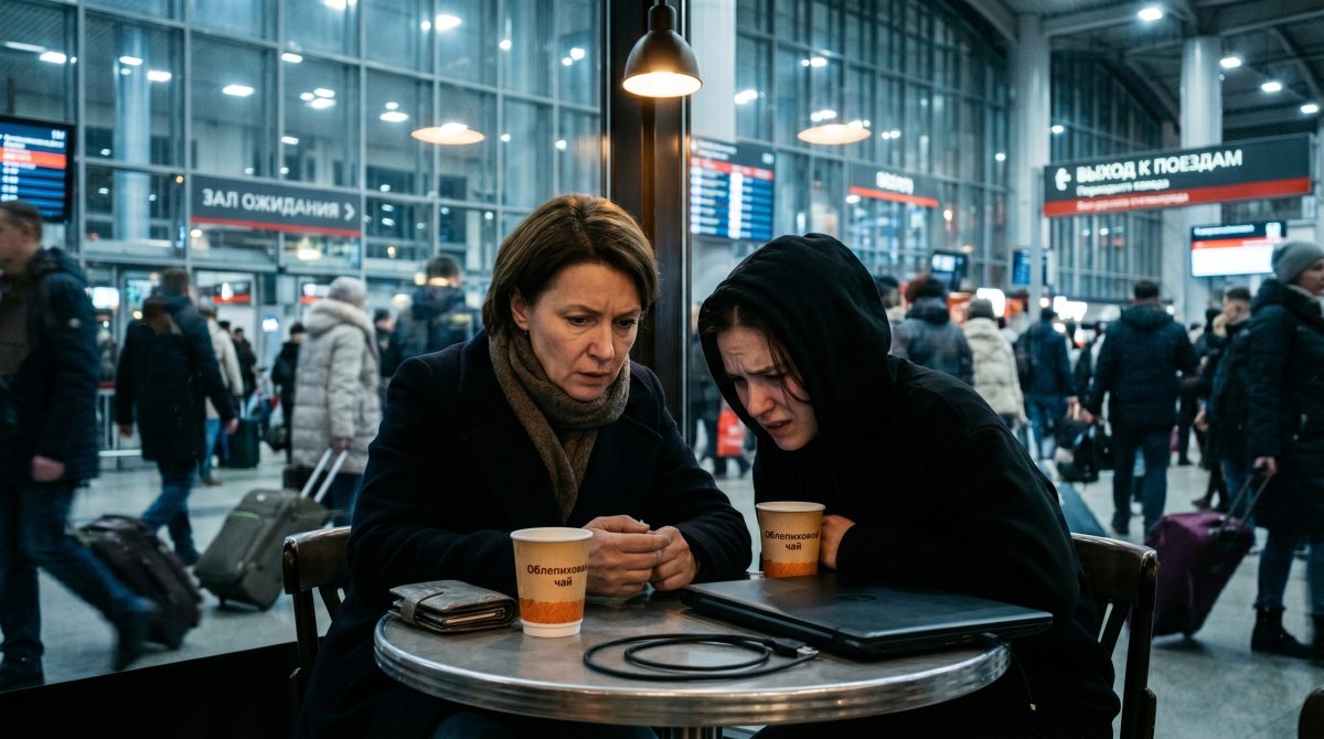 Две женщины напряженно смотрят в старый телефон посреди шумного зала, жизненные истории.
