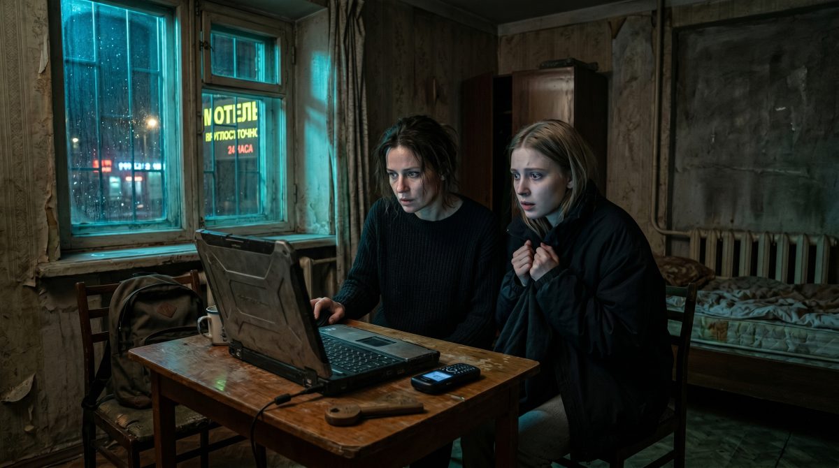 Две напряженные женщины смотрят в экран ноутбука в полутемной комнате, пугающая семейная тайна.