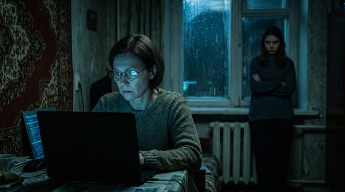 Сильная женщина сидит за ноутбуком в темной комнате, принимая трудный жизненный выбор перед таймером.