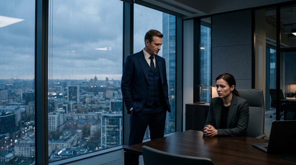 Мужчина в офисе давит взглядом, семейная тайна рассказ, напряжённая сцена