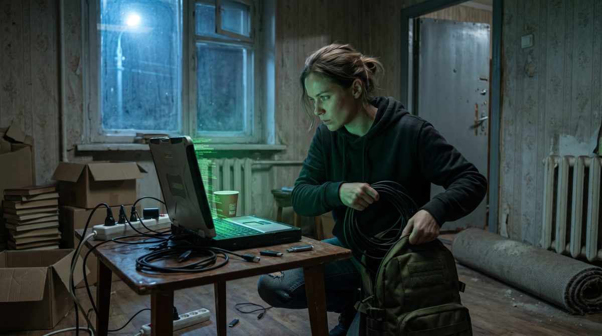 Решительная девушка спешно собирает провода у светящегося ноутбука в темной комнате, сильная женщина.