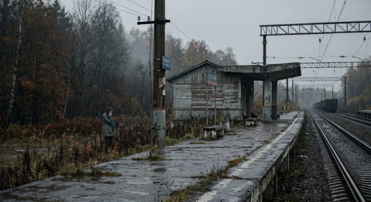 Напряженная женщина слушает старый телефон на пустой станции. Это увлекательная женская история.