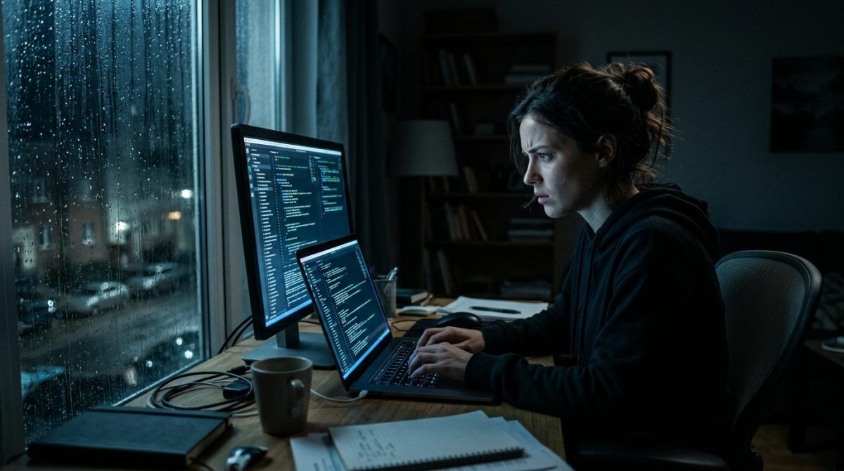 Женщина за компьютером раскрывает семейная тайна рассказ, напряжённая ночная сцена