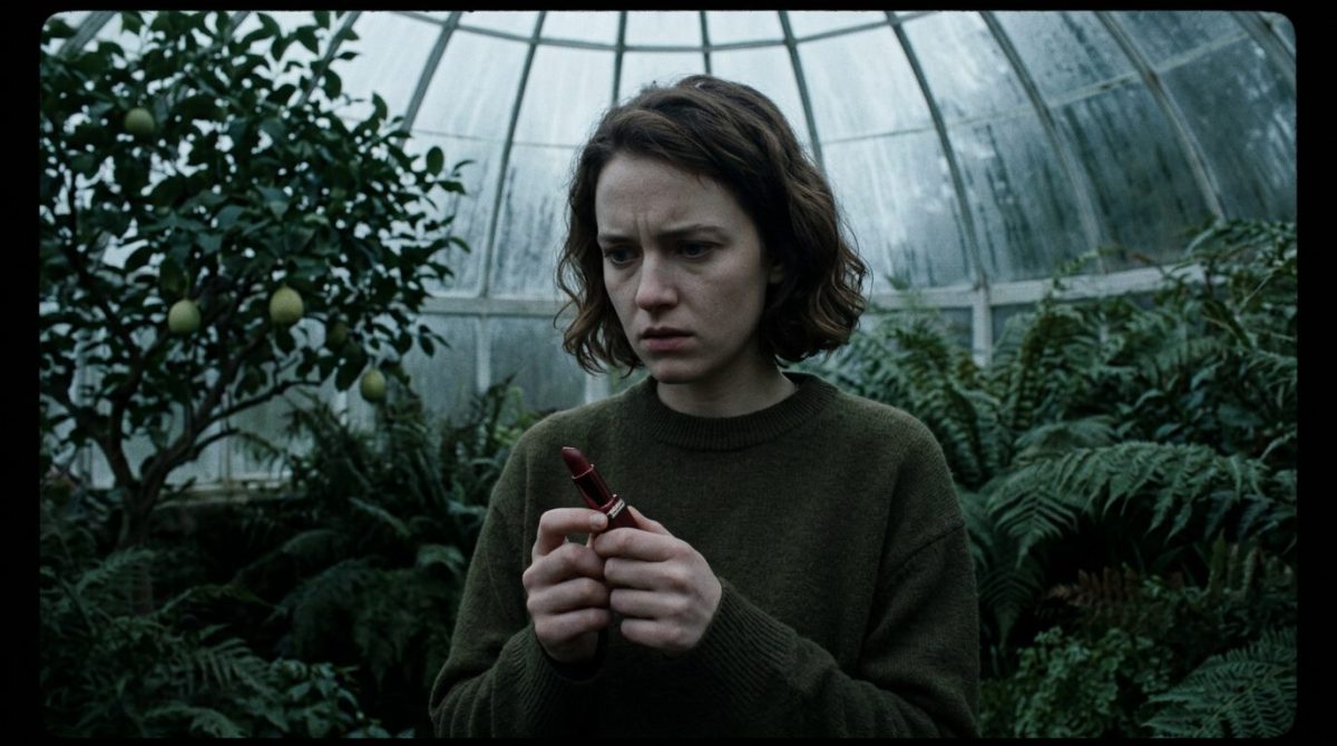 Испуганная девушка в темной оранжерее держит помаду с флешкой.