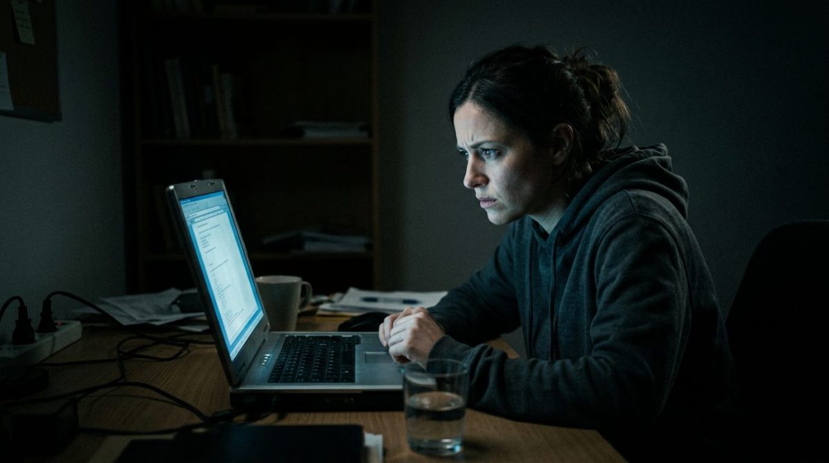Женщина в тёмной комнате смотрит на светящийся экран старого ноутбука, пугающая жизненная история
