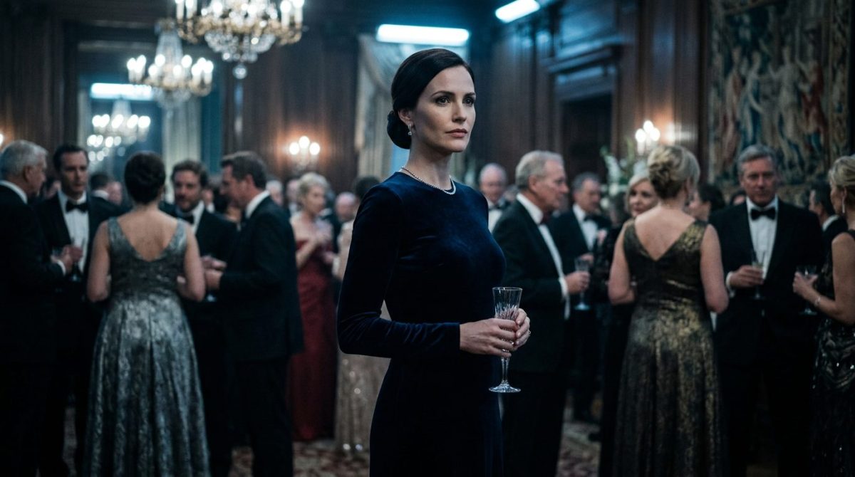 Женщина в строгом темном платье на фоне роскошного зала скрывает напряжение, пугающая семейная драма.