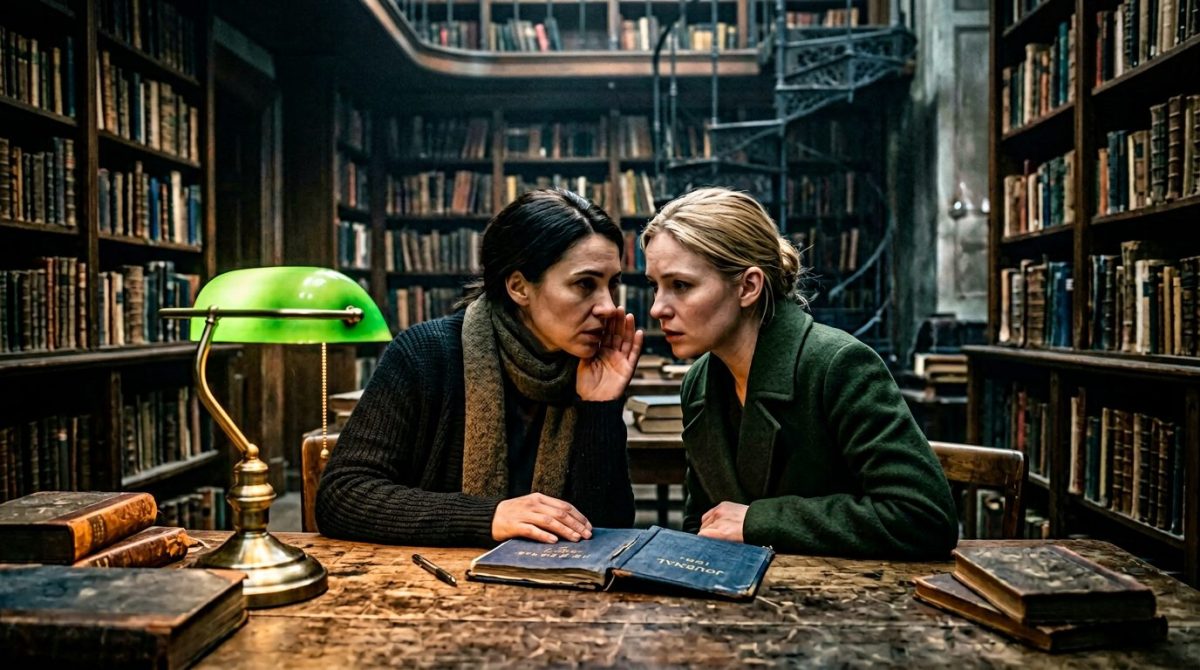 Две женщины тайно изучают бумажный дневник в старой библиотеке. Это опасная семейная драма.