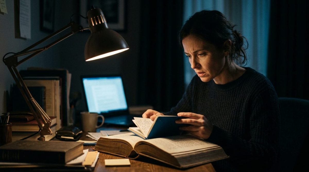 Девушка тайно читает синий дневник при слабом свете лампы. Семейная тайна меняет всё.