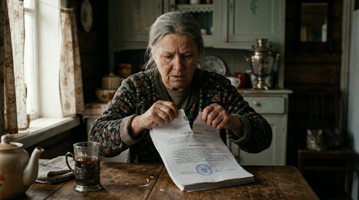 Пожилая женщина решительно рвет договор дарения за столом, это настоящая семейная драма из-за дома.