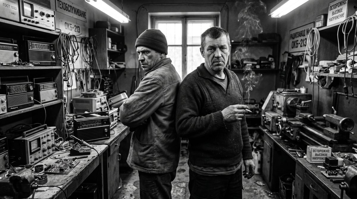 Два деловых партнера в современной мастерской среди радиоаппаратуры, напряженная атмосфера делового конфликта