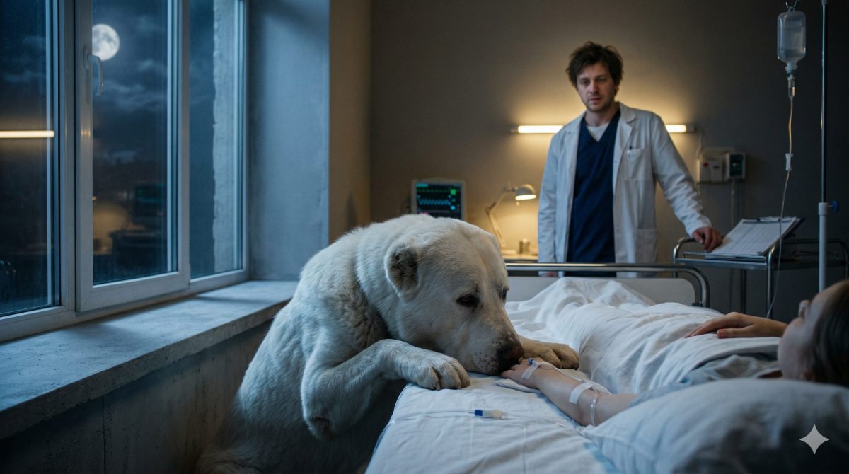 Верный белый алабай положил голову на больничную койку спящей девушки. Трогательная жизненная история.