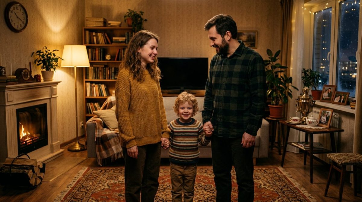 Мужчина, женщина и маленький мальчик стоят в уютной комнате. Жизненные истории о создании семьи.