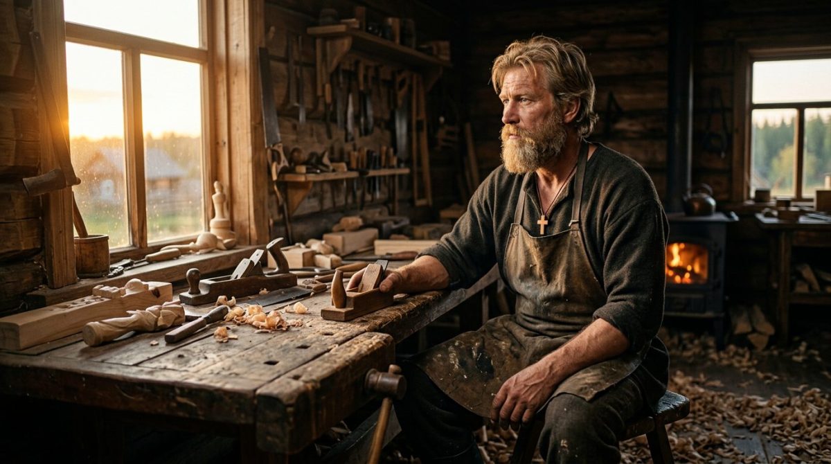 Задумчивый плотник в своей старой мастерской, герой трогательной жизненной истории об искуплении.