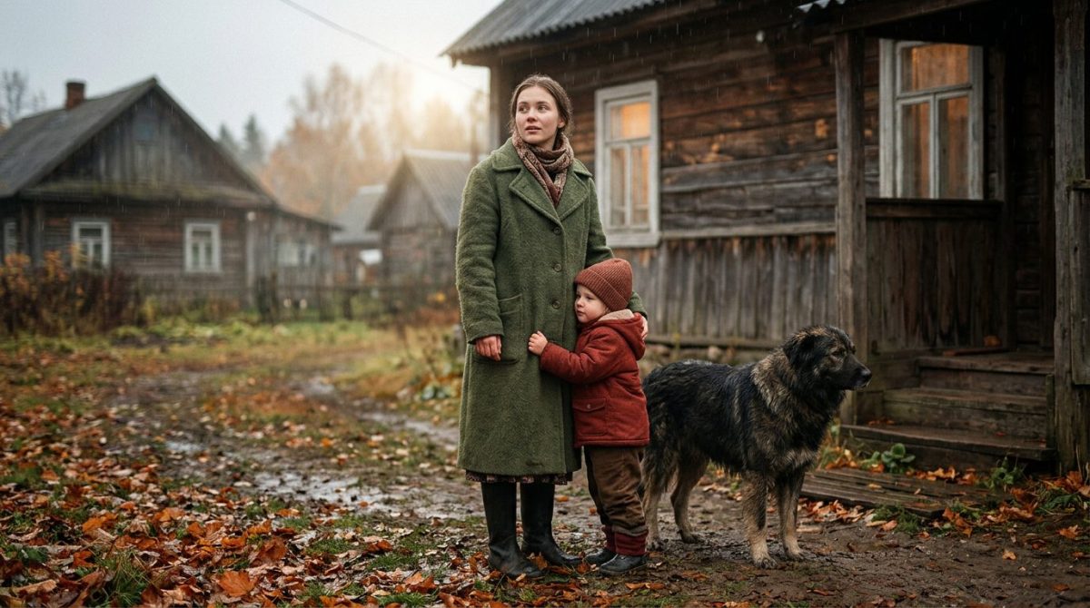 Марина с Тимкой и Полканом у дома Матвеича — начало новой жизни