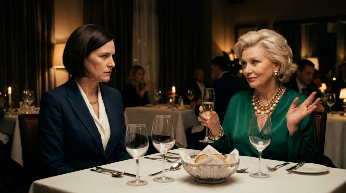 Строгая женщина уверенно смотрит на испуганную богатую даму. Рассказ про свекровь и невестку.