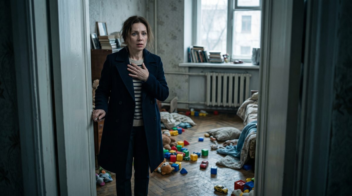 Шокированная сильная женщина стоит в дверях квартиры, обнаружив тайную семью своего нечестного жениха.