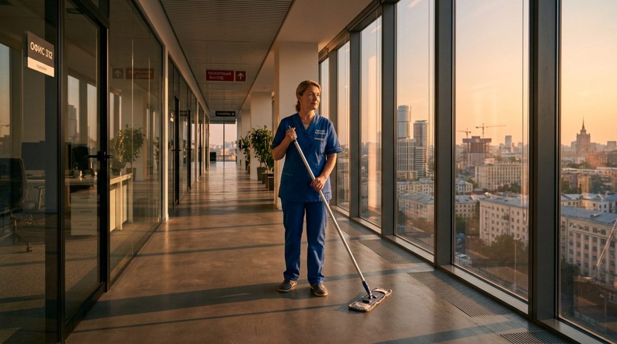 Сильная женщина в синей униформе уборщицы стоит в коридоре современного офисного здания.