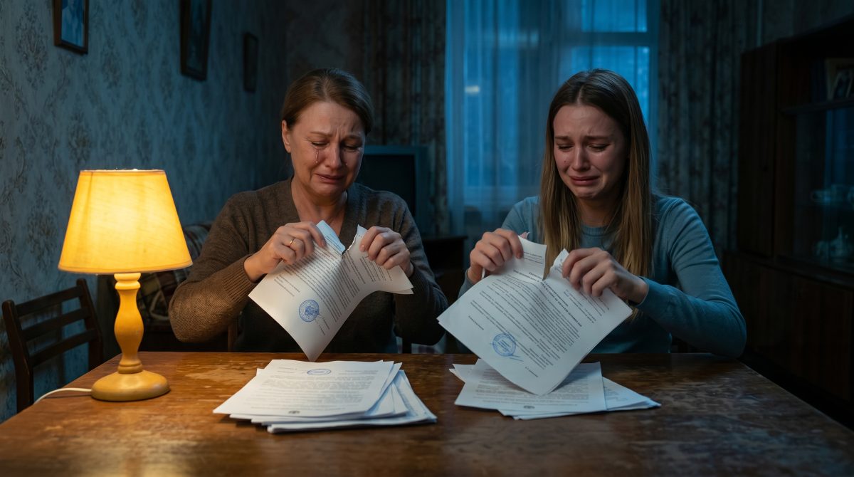 Мать и взрослая дочь рвут документы в полумраке квартиры. Семейная драма о трудном выборе.
